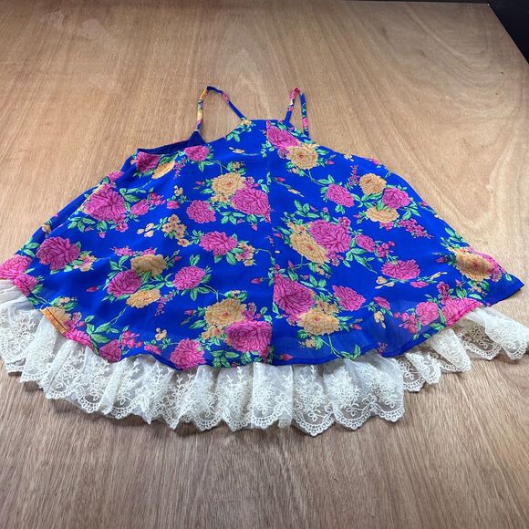 Umgee S Blue Floral Lace Hem Boho Cottagecore Top - Picture 3 of 6